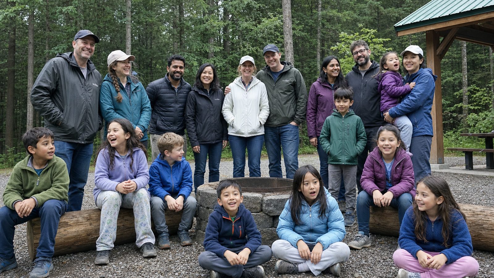 Scouts and parents gathered around a stone campfire ring in the woods on a spring outing.